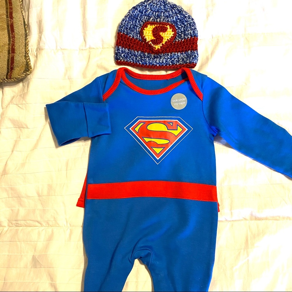 Super man jumpsuit with matching crochet hat